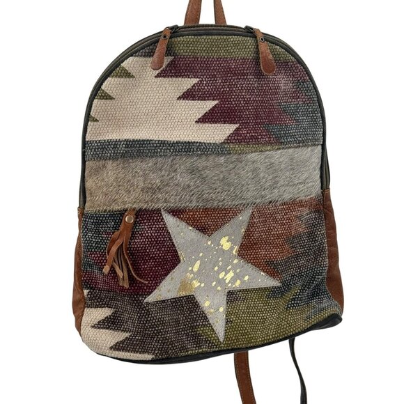 Myra Bag Multi-Colored Canvas Cowhide Leather Backpack Purse W/Adjustable Straps - Picture 1 of 10